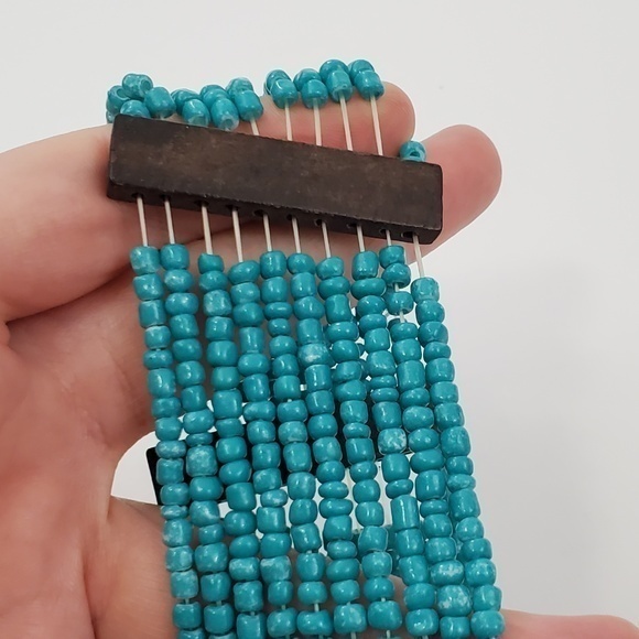 Faux Turquoise Beaded Bracelet Wood Brown Southwes - Picture 6 of 8